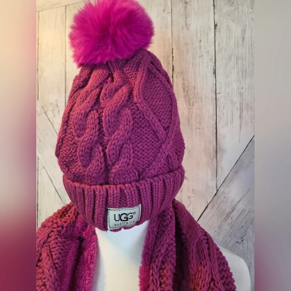 UGG Fuschia Cable Knit Beanie and Scarf Set